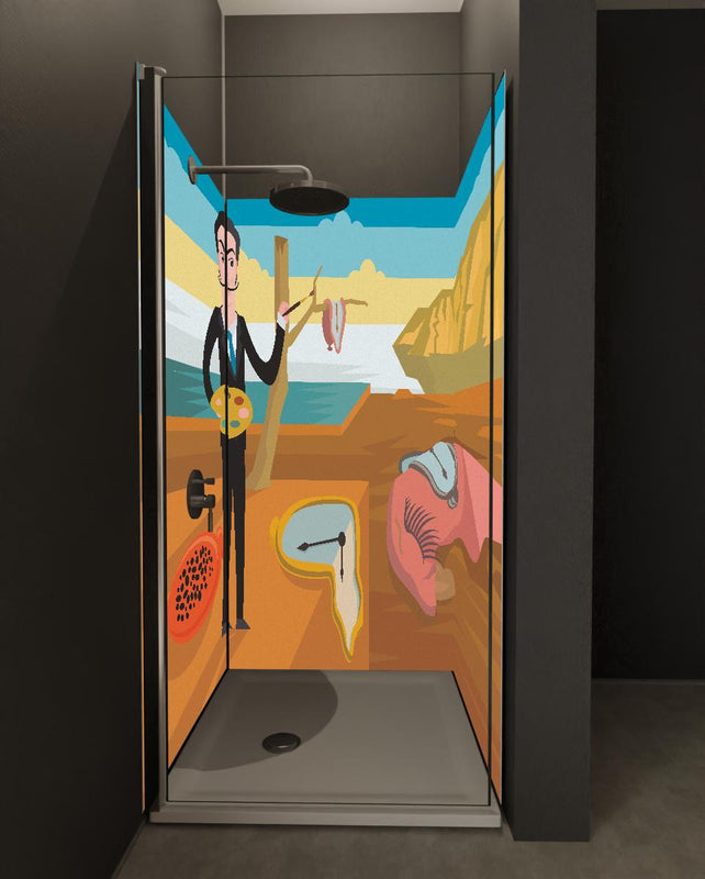Duschrückwand - Surreales Gemälde Meeresküste mit Uhren