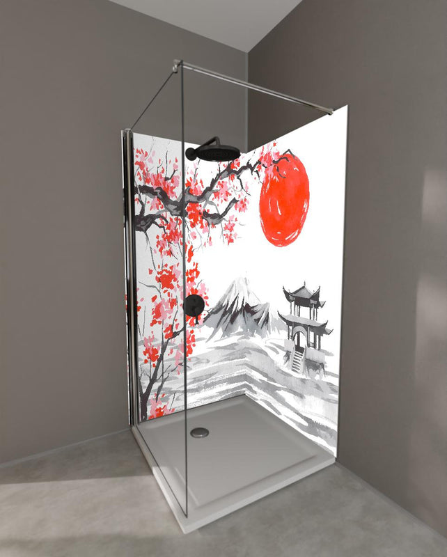 Duschrückwand - Traditionelle Japanische Landschaft Aquarell