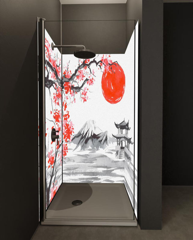 Duschrückwand - Traditionelle Japanische Landschaft Aquarell