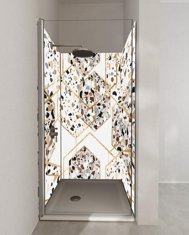 Duschrückwand - Trendiges Terrazzo-Muster mit Goldakzenten