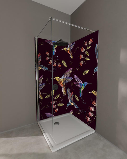 Duschrückwand - Tropische Kolibri Stickerei Blumenmuster