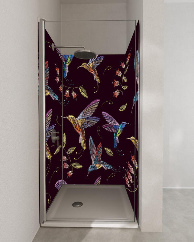 Duschrückwand - Tropische Kolibri Stickerei Blumenmuster
