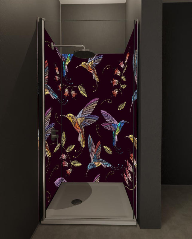 Duschrückwand - Tropische Kolibri Stickerei Blumenmuster
