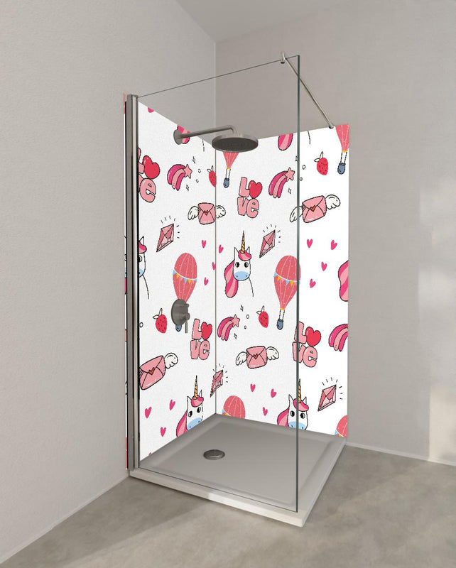 Duschrückwand - Verspieltes Einhorn und Herz Musterdesign