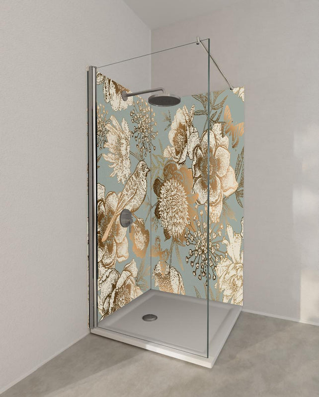 Duschrückwand - Vintage Peonien Vogelmotiv Beige Braun