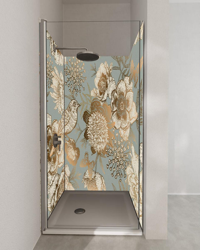 Duschrückwand - Vintage Peonien Vogelmotiv Beige Braun