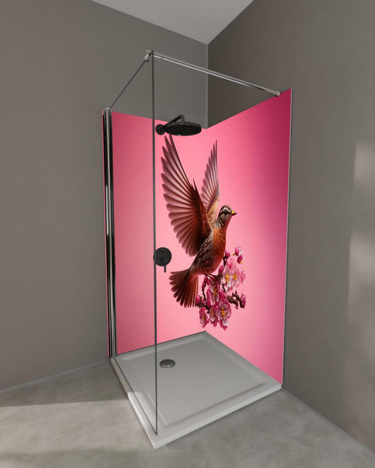 Duschrückwand - Vogel mit rosa Sakura Blütenzweig