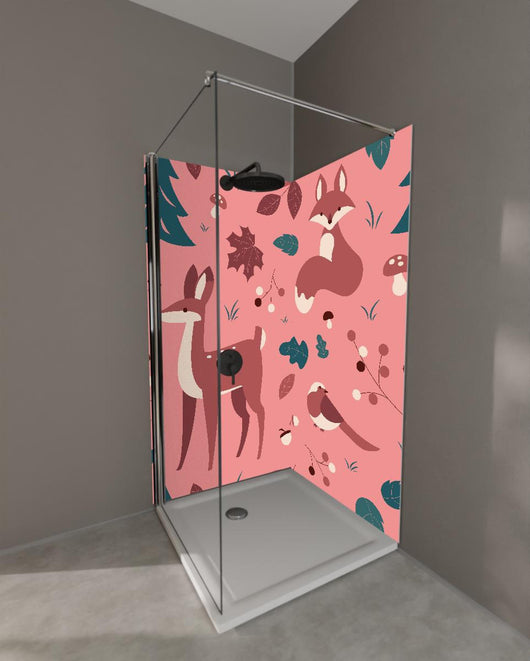 Duschrückwand - Waldtiere Muster auf Rosa Illustration