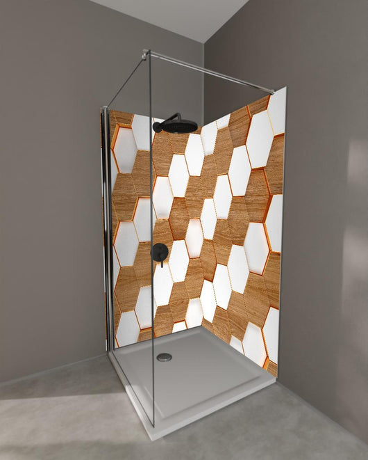 Duschrückwand - Weißes Hexagon Muster mit Holztextur