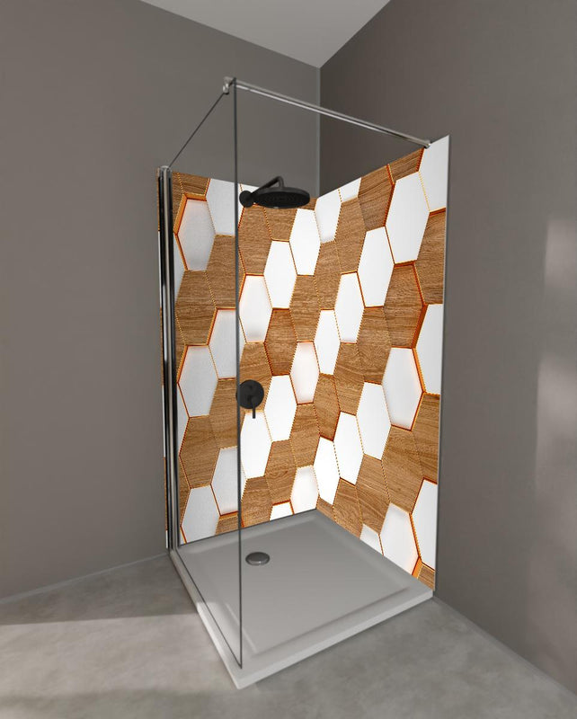 Duschrückwand - Weißes Hexagon Muster mit Holztextur