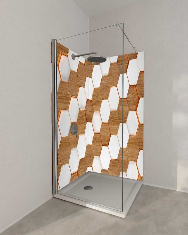 Duschrückwand - Weißes Hexagon Muster mit Holztextur