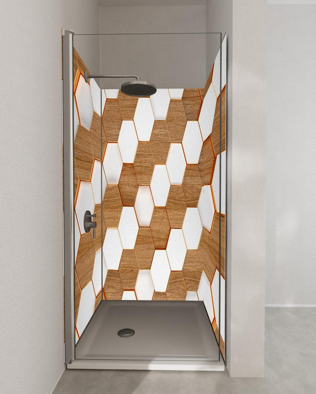 Duschrückwand - Weißes Hexagon Muster mit Holztextur
