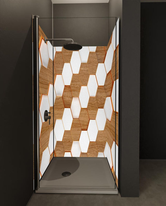 Duschrückwand - Weißes Hexagon Muster mit Holztextur