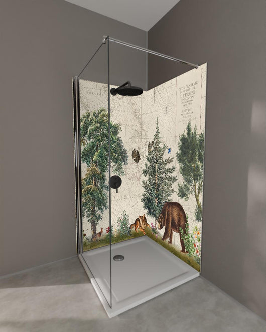 Duschrückwand - Weltkarte mit tropischem Wald