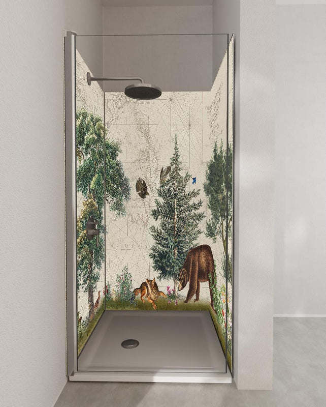 Duschrückwand - Weltkarte mit tropischem Wald