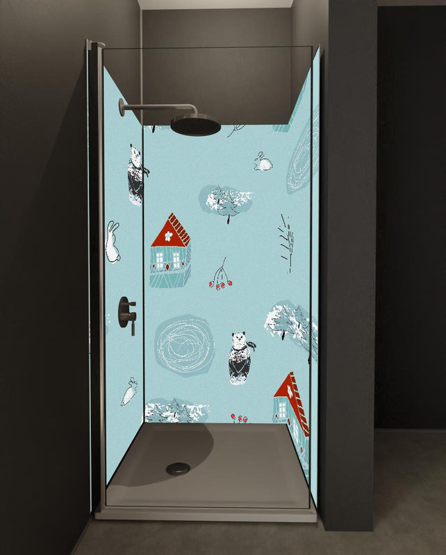 Duschrückwand - Winterliches Kinderzimmer Muster mit Tieren