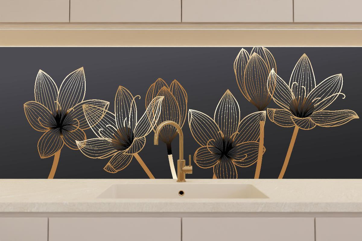 Küchenrückwand - Abstrakte Blumen Gold Schwarz Design