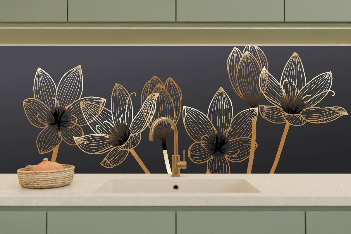 Küchenrückwand - Abstrakte Blumen Gold Schwarz Design