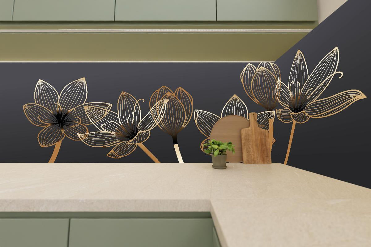 Küchenrückwand - Abstrakte Blumen Gold Schwarz Design