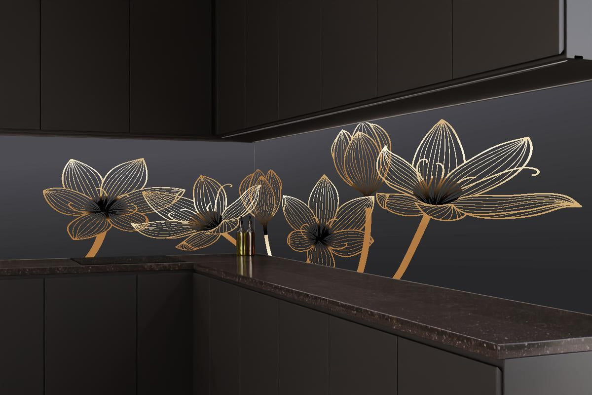 Küchenrückwand - Abstrakte Blumen Gold Schwarz Design