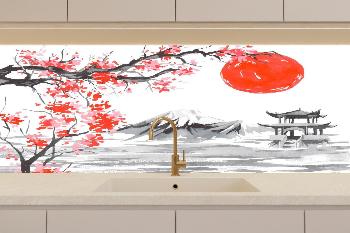 Küchenrückwand - Asiatisches Aquarell Berge Sonne