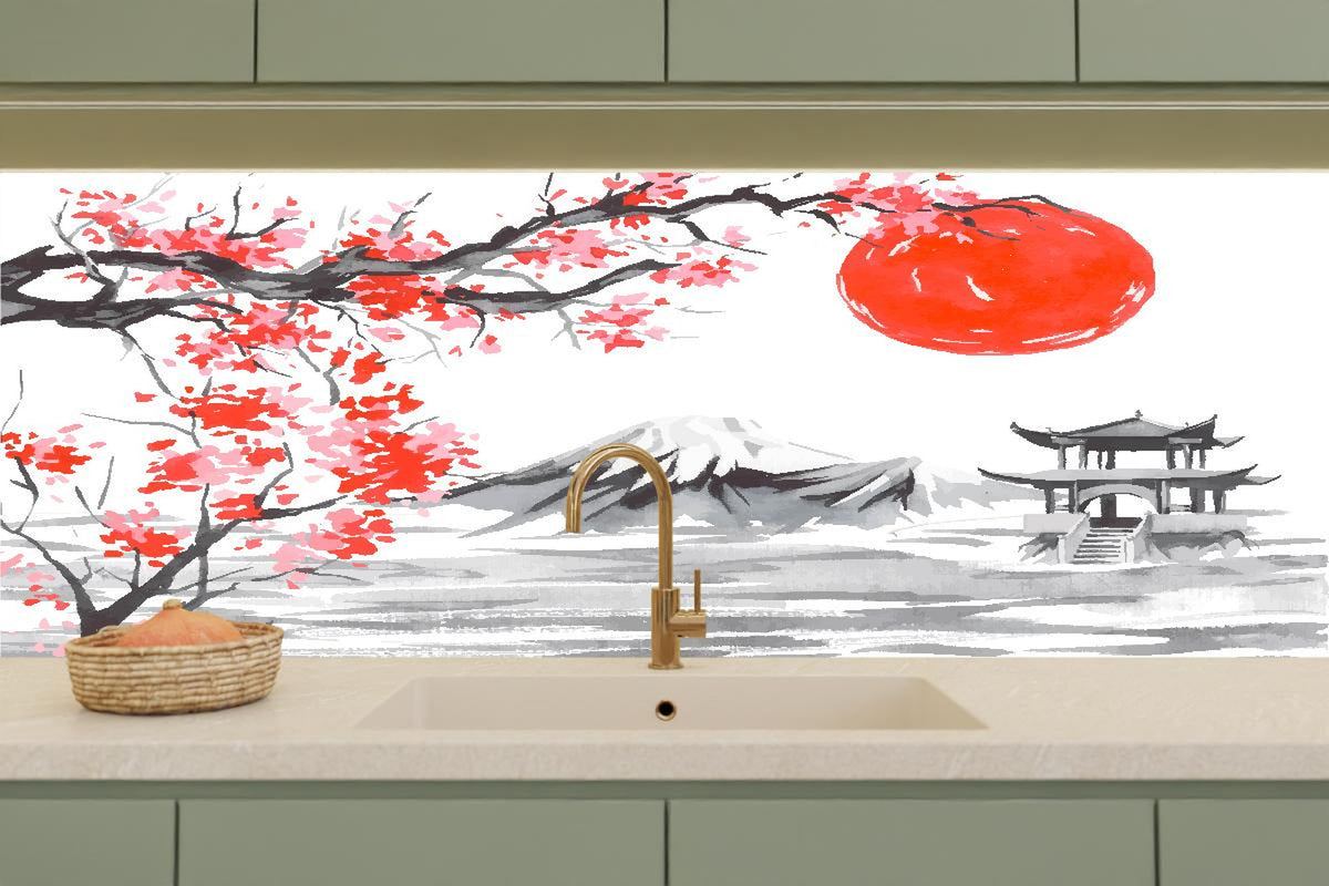 Küchenrückwand - Asiatisches Aquarell Berge Sonne