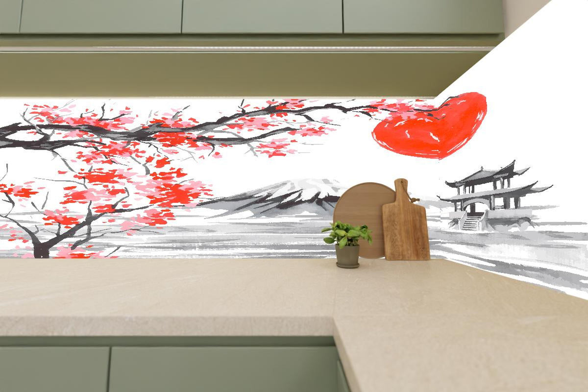 Küchenrückwand - Asiatisches Aquarell Berge Sonne
