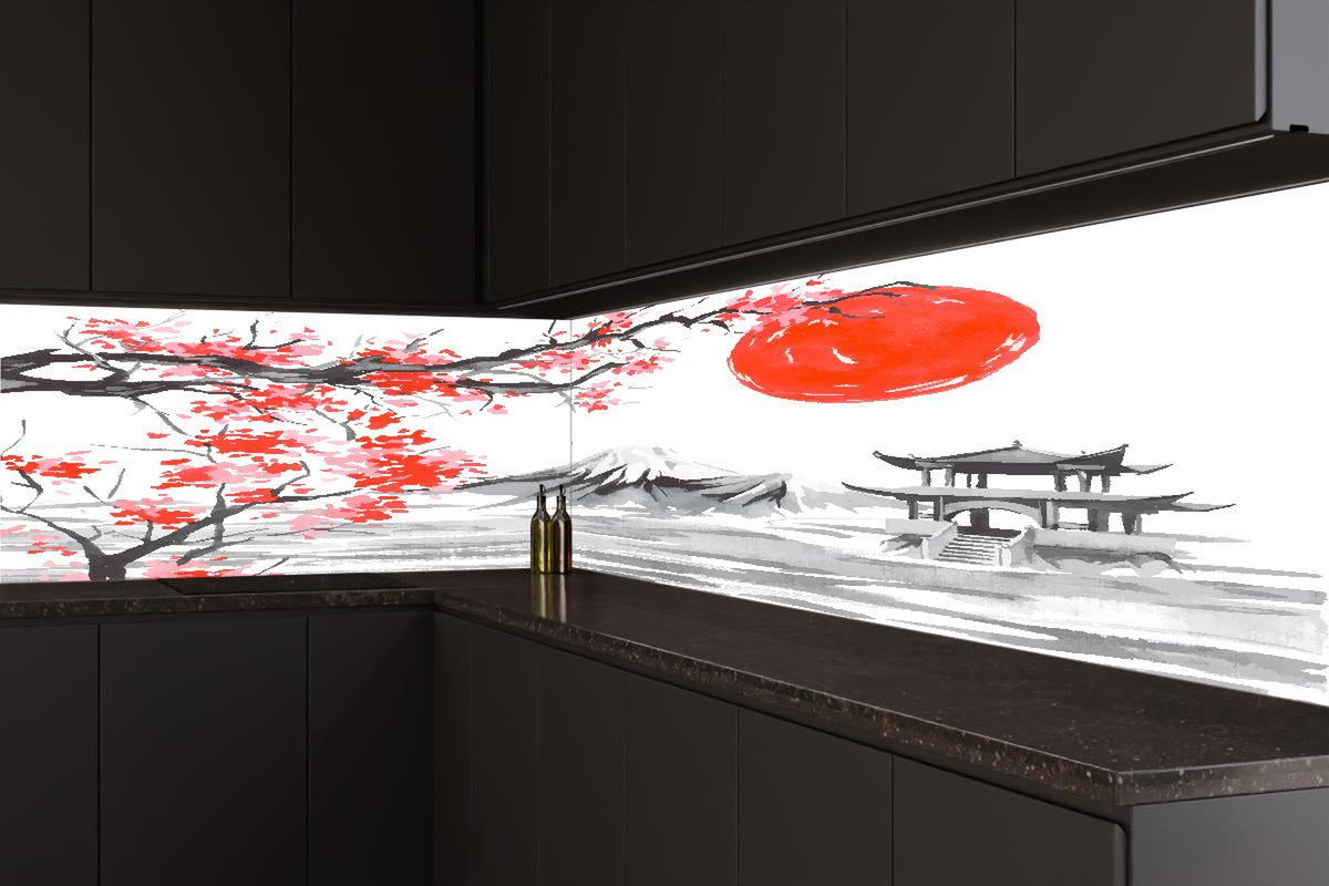 Küchenrückwand - Asiatisches Aquarell Berge Sonne