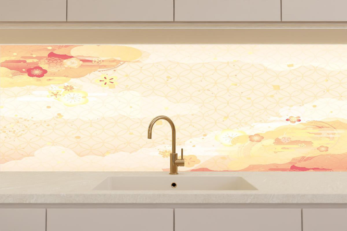 Küchenrückwand - Beige-Goldene Kirschblüten Illustration