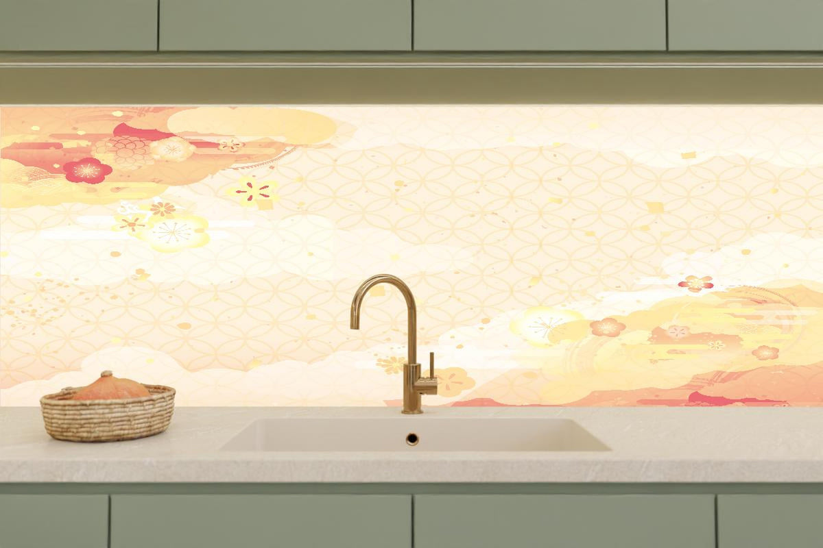 Küchenrückwand - Beige-Goldene Kirschblüten Illustration