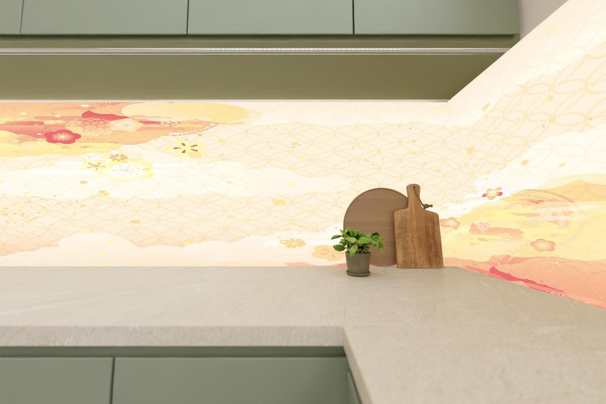 Küchenrückwand - Beige-Goldene Kirschblüten Illustration
