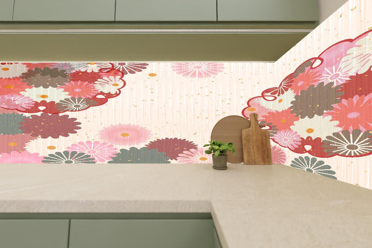 Küchenrückwand - Beige-Rosa Blumenmuster Illustration