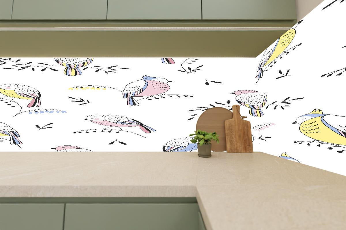 Küchenrückwand - Bunte Vögel Muster Illustration