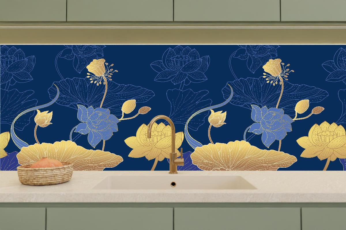 Küchenrückwand - Dekorative Blumen Tapetenillustration Nachtblau