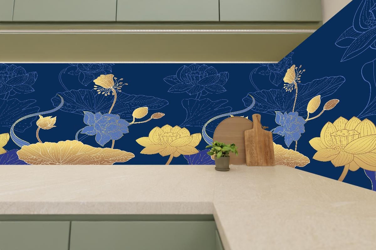 Küchenrückwand - Dekorative Blumen Tapetenillustration Nachtblau