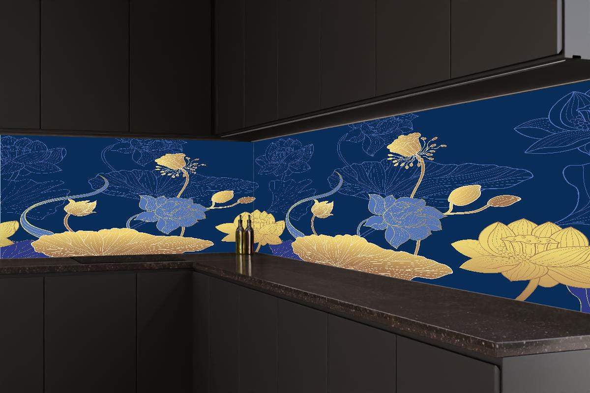 Küchenrückwand - Dekorative Blumen Tapetenillustration Nachtblau