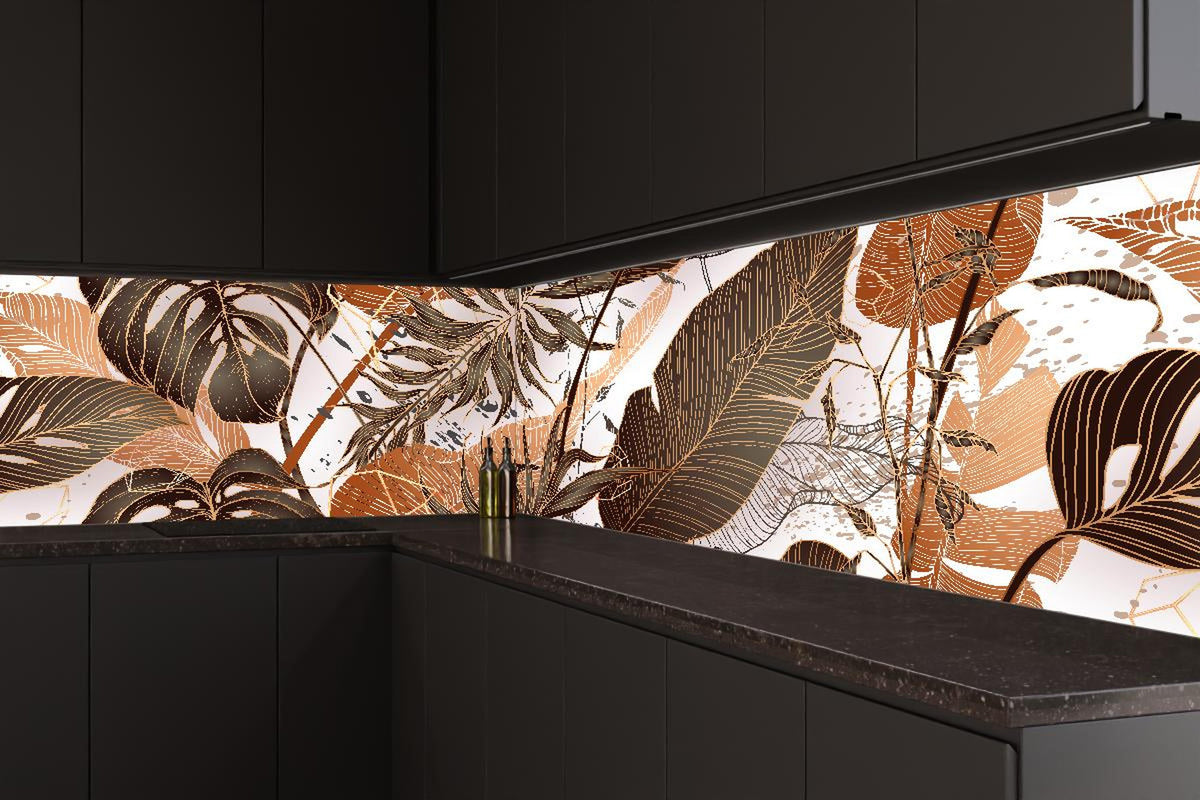 Küchenrückwand - Dekoratives Blatt-Design in warmen Erdtönen