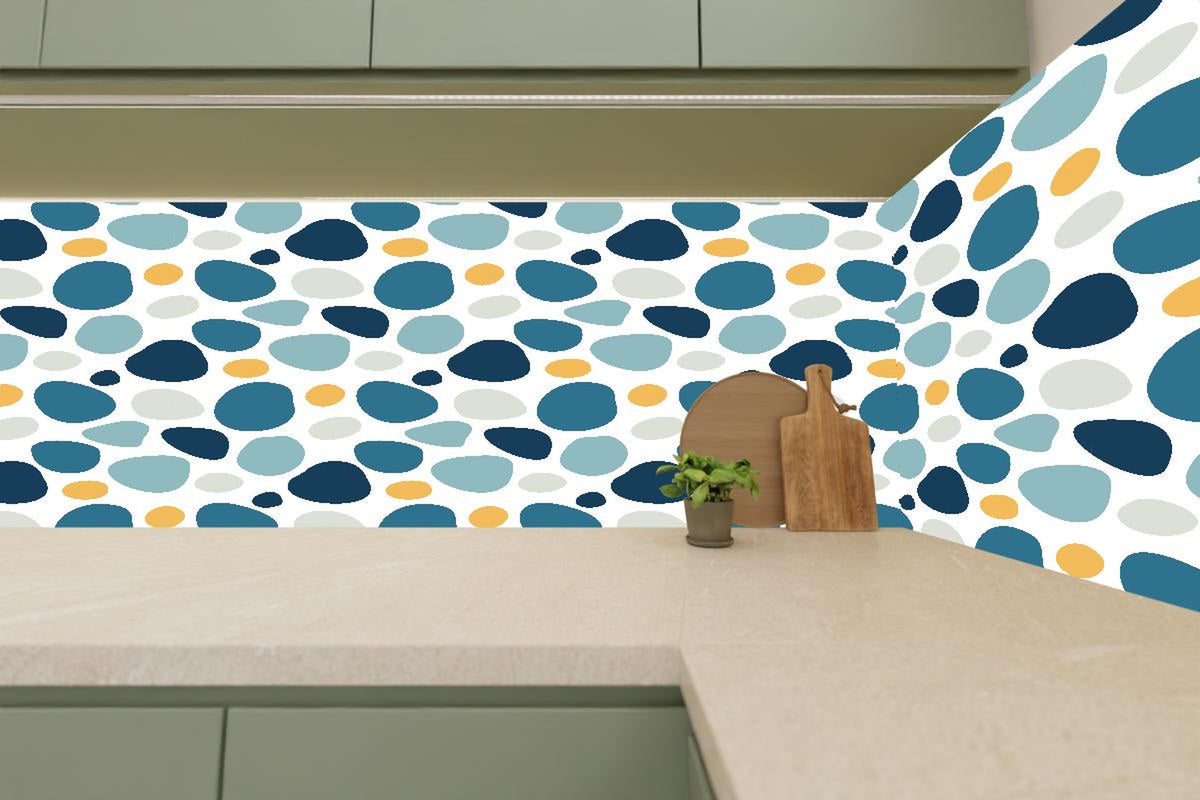 Küchenrückwand - Dekoratives Blau-Weiß-Oranges Designmuster