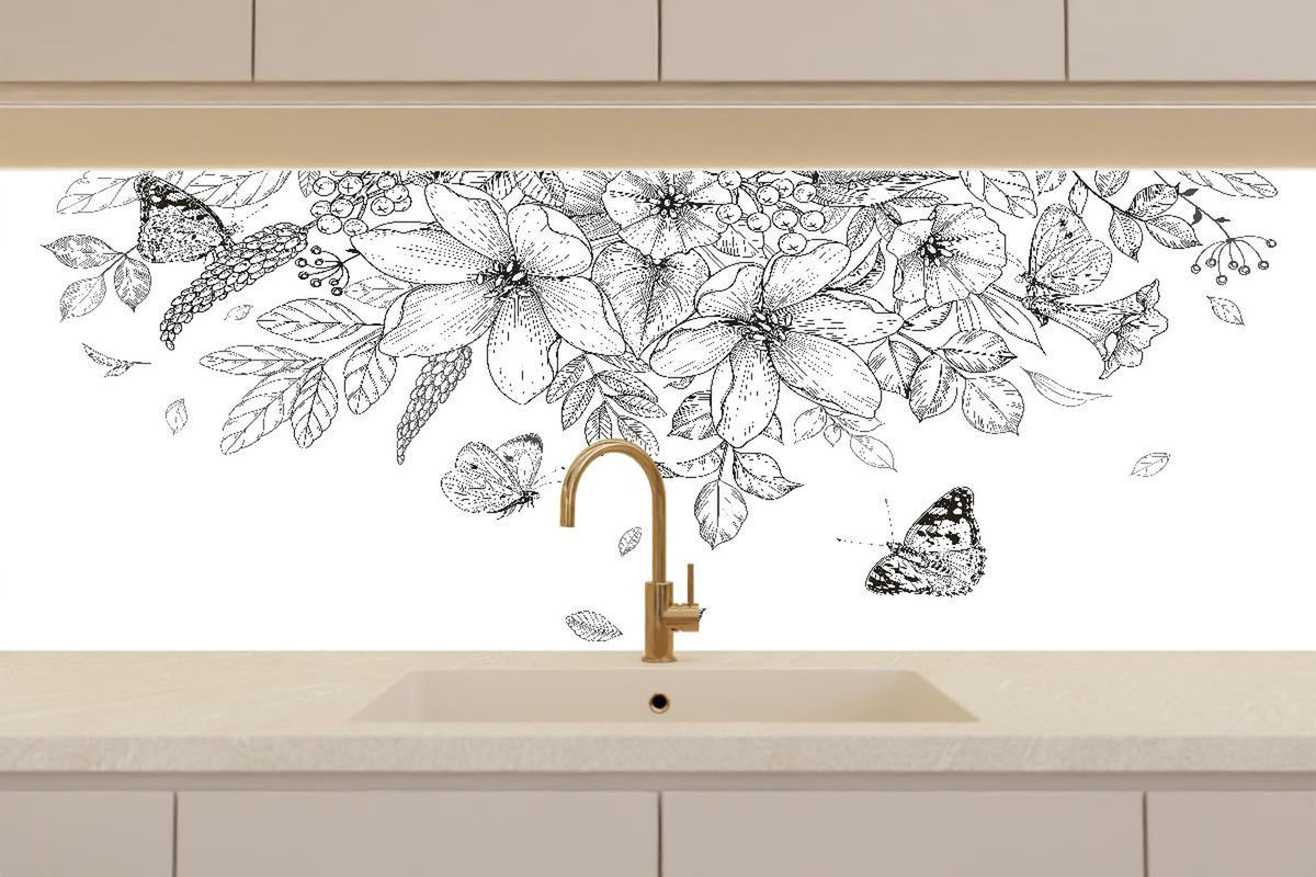 Küchenrückwand - Detailreiche Blumen-Zeichnung in Schwarz-Weiß