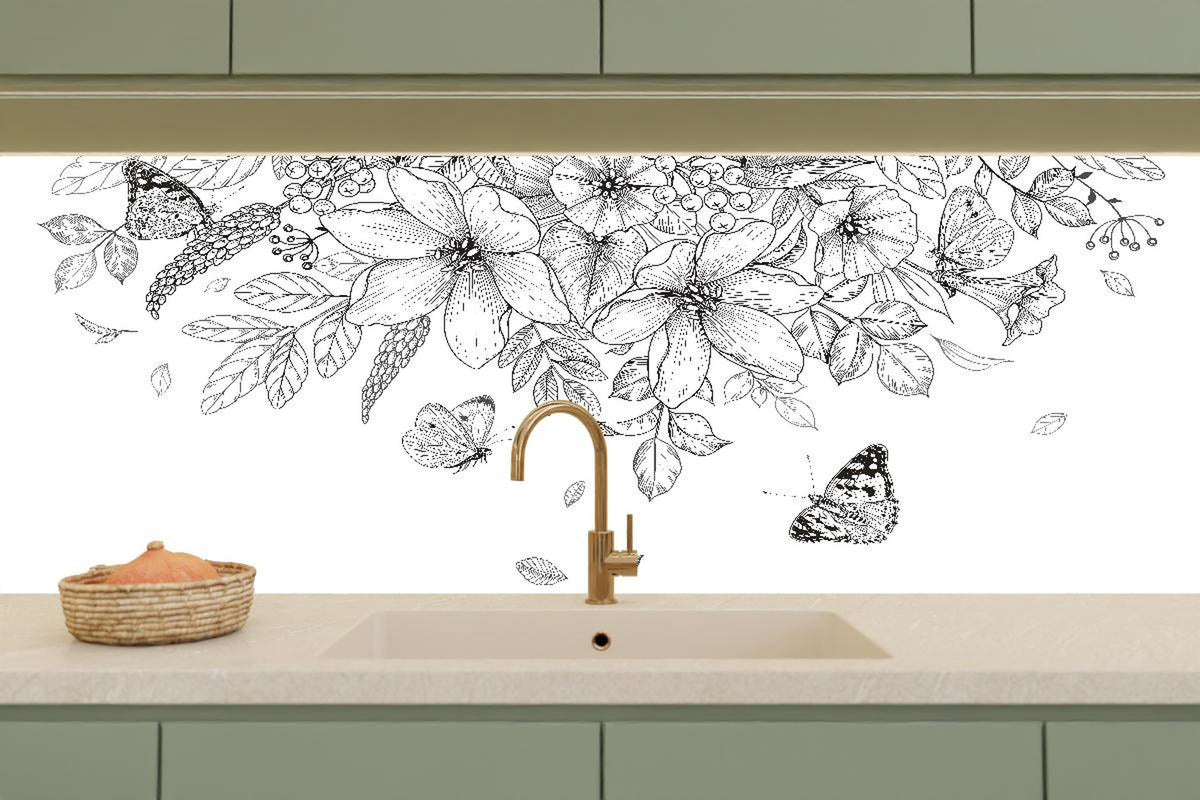 Küchenrückwand - Detailreiche Blumen-Zeichnung in Schwarz-Weiß