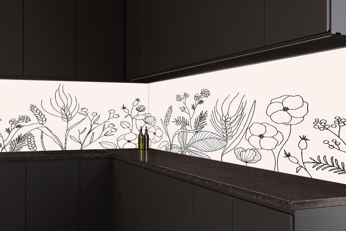 Küchenrückwand - Elegante Botanische Kunst in Graunuancen