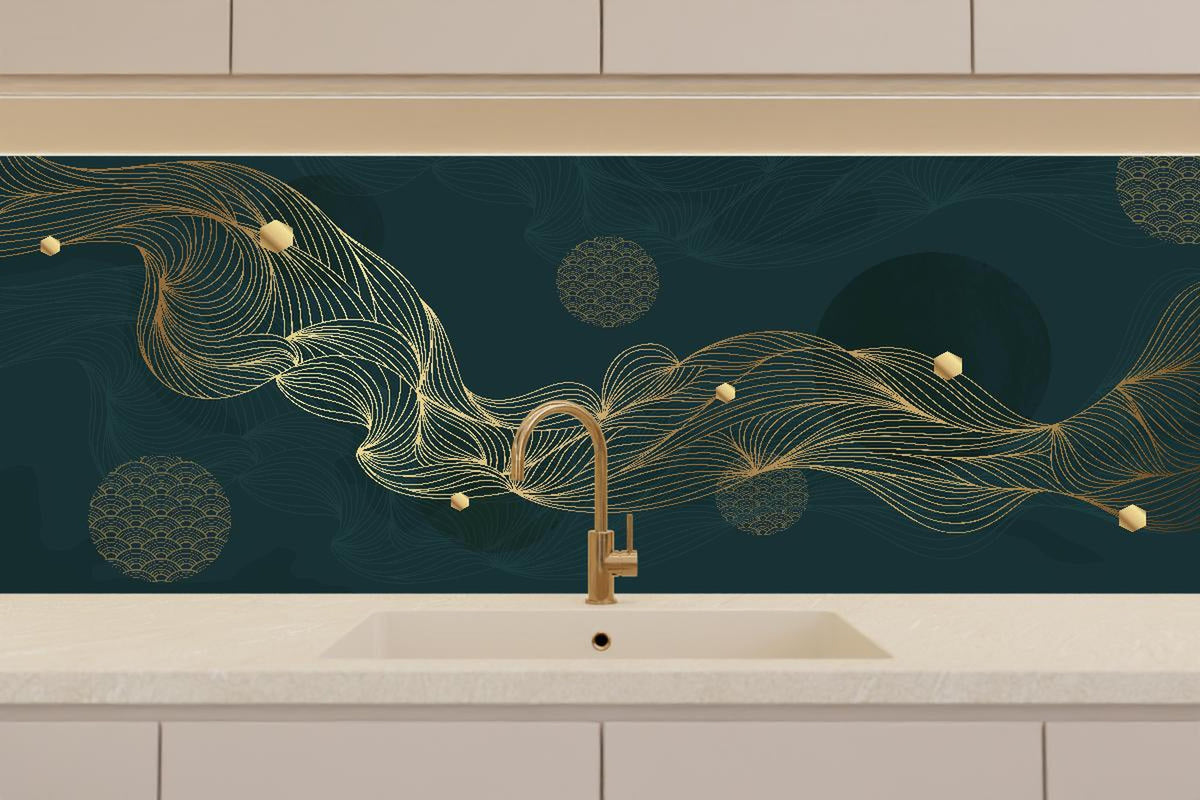 Küchenrückwand - Elegante Goldene Wellen auf Dunkelblau
