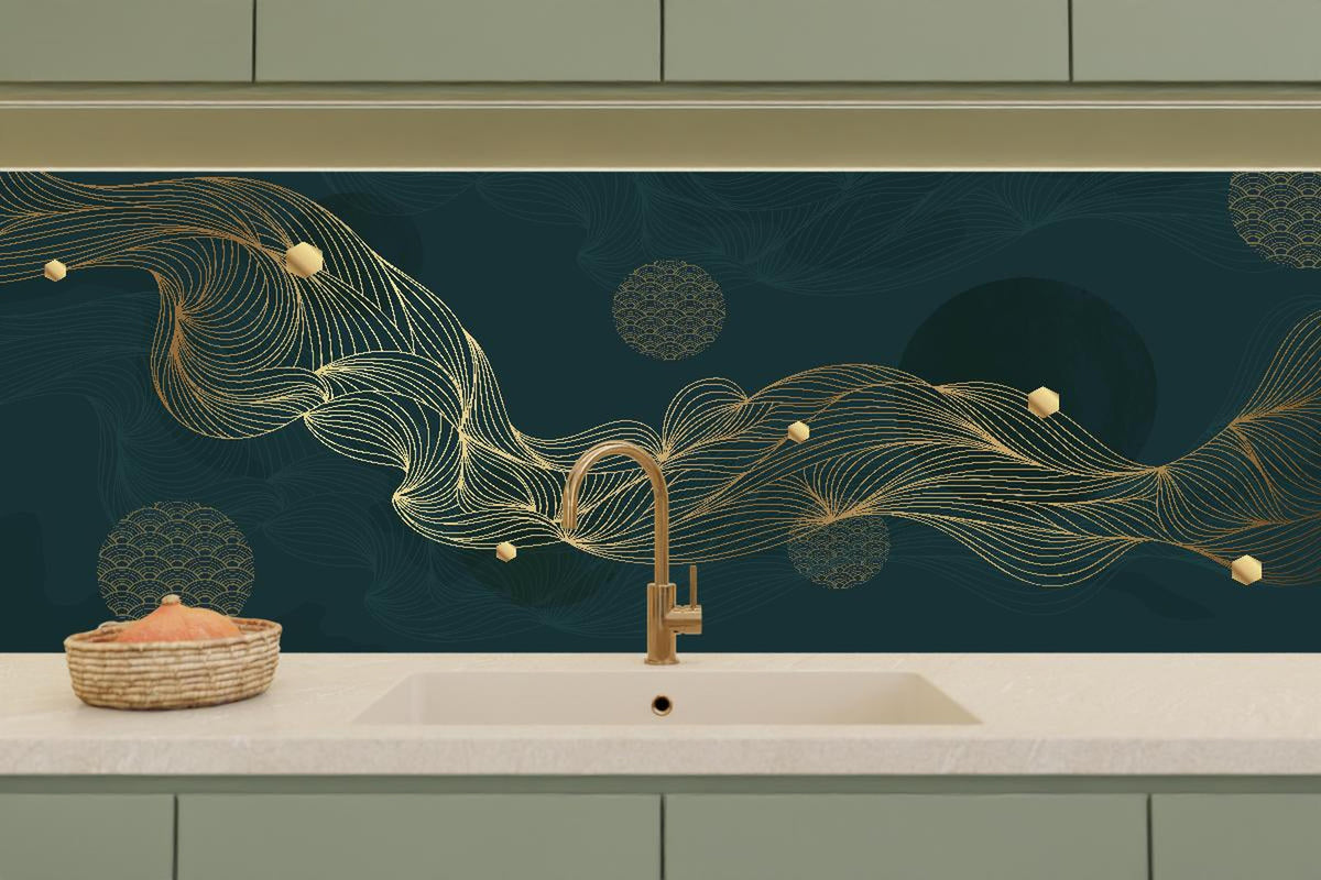 Küchenrückwand - Elegante Goldene Wellen auf Dunkelblau