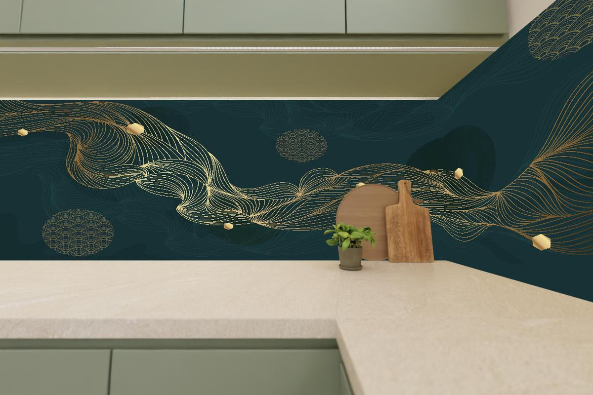 Küchenrückwand - Elegante Goldene Wellen auf Dunkelblau