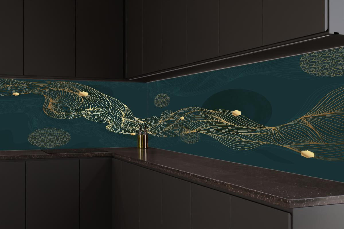 Küchenrückwand - Elegante Goldene Wellen auf Dunkelblau