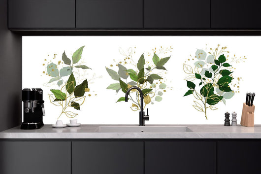 Küchenrückwand - Elegante Pflanzenillustrationen in Goldtönen
