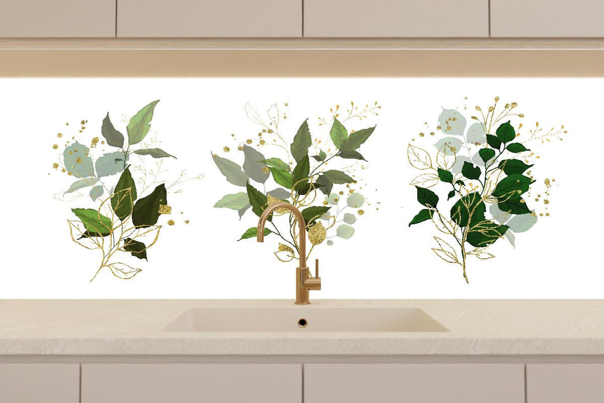 Küchenrückwand - Elegante Pflanzenillustrationen in Goldtönen