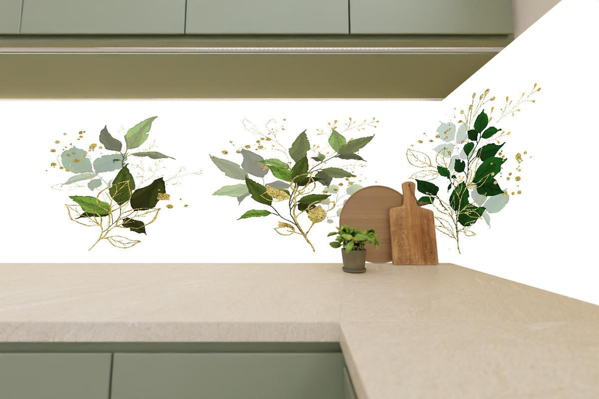 Küchenrückwand - Elegante Pflanzenillustrationen in Goldtönen
