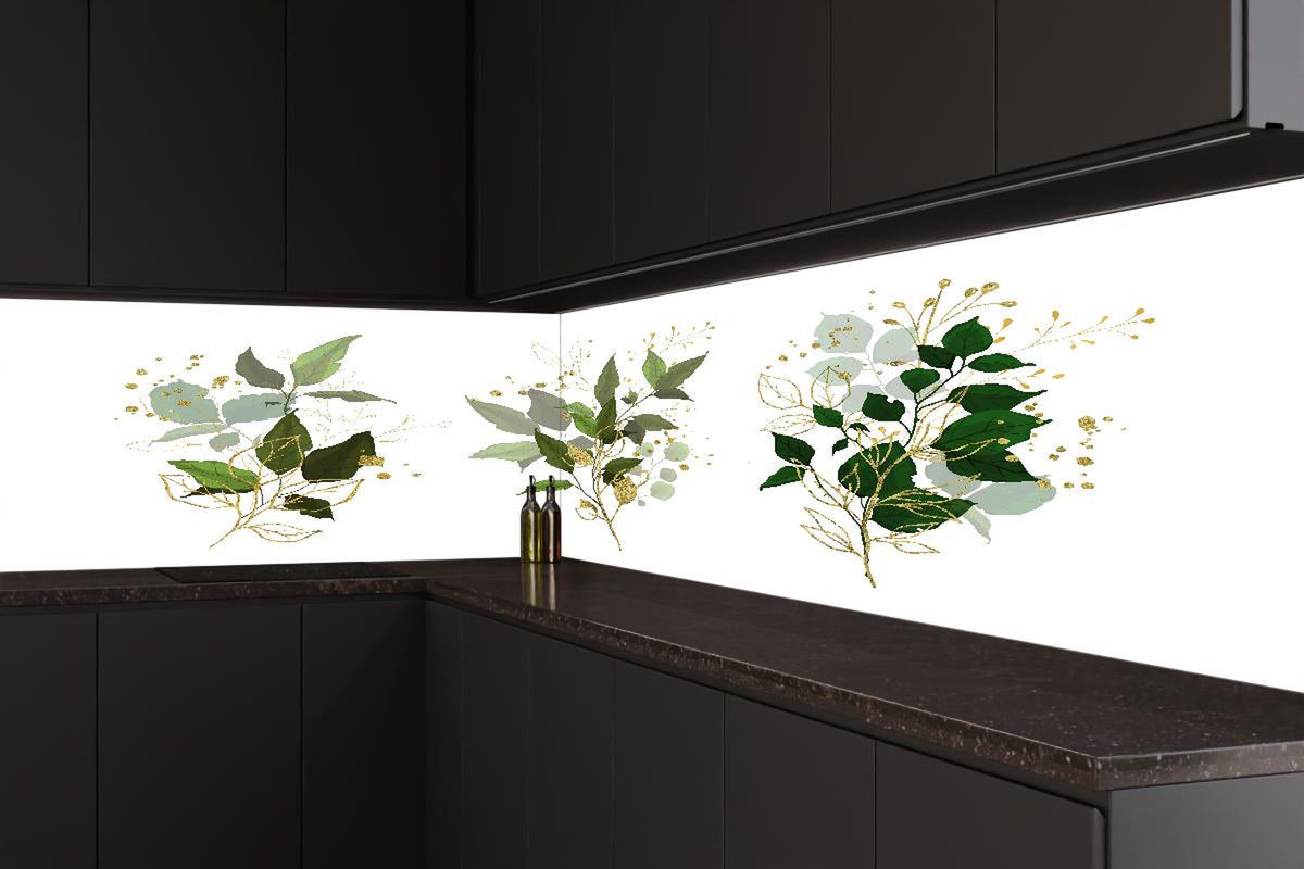 Küchenrückwand - Elegante Pflanzenillustrationen in Goldtönen