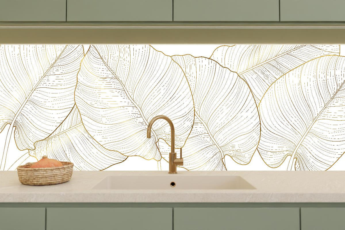 Küchenrückwand - Elegante goldene Linien Blattmotive